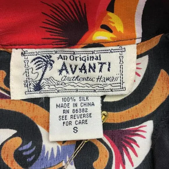 Avanti Auth Hawaiian 100% Silk VTG Shirt Black with Red and Orange Floral